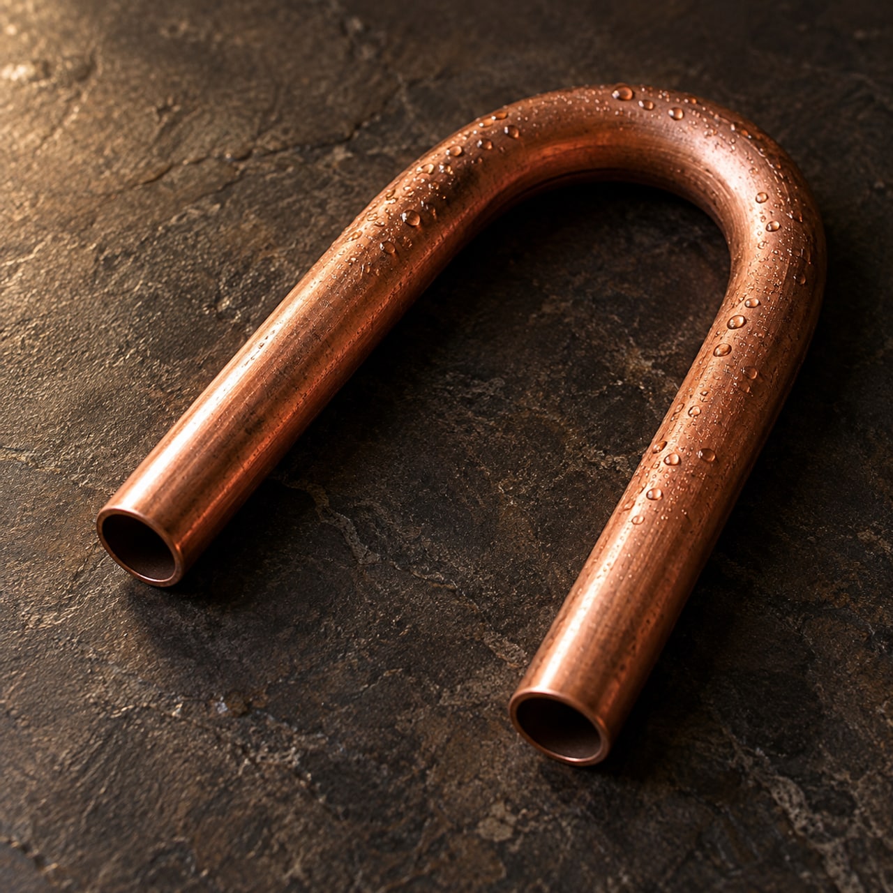 Imagem ilustrativa: Tubo de cobre com gotas em fundo escuro